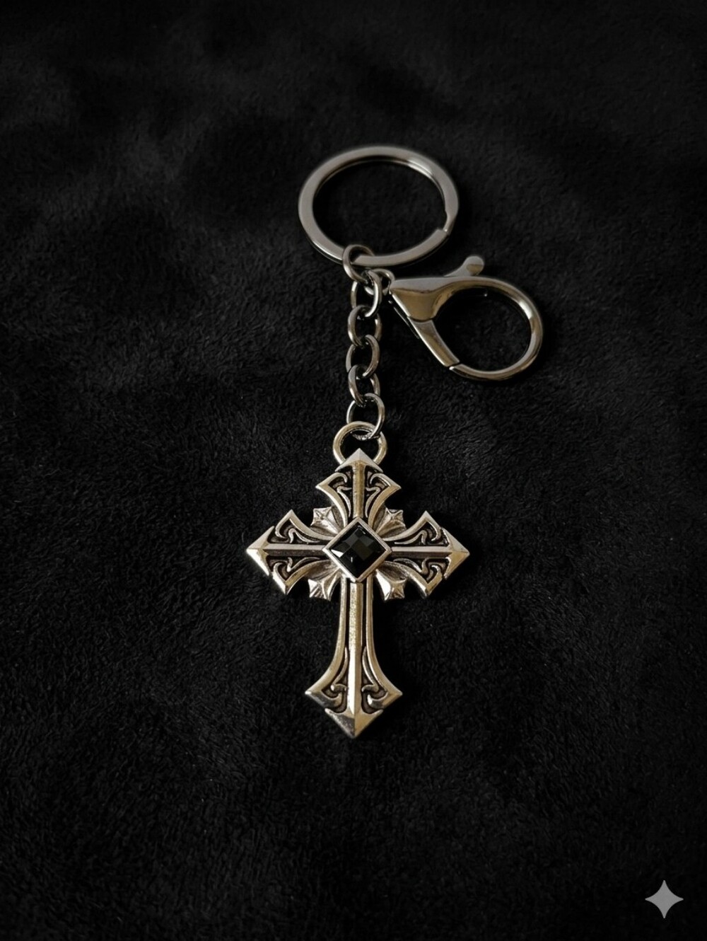 Goth Cross Keychain Silver Tone Black Emblem